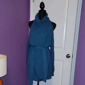 Fashion Nova Teal Cowl Neck Cut Out Shoulder Sweater Dress Sz: M